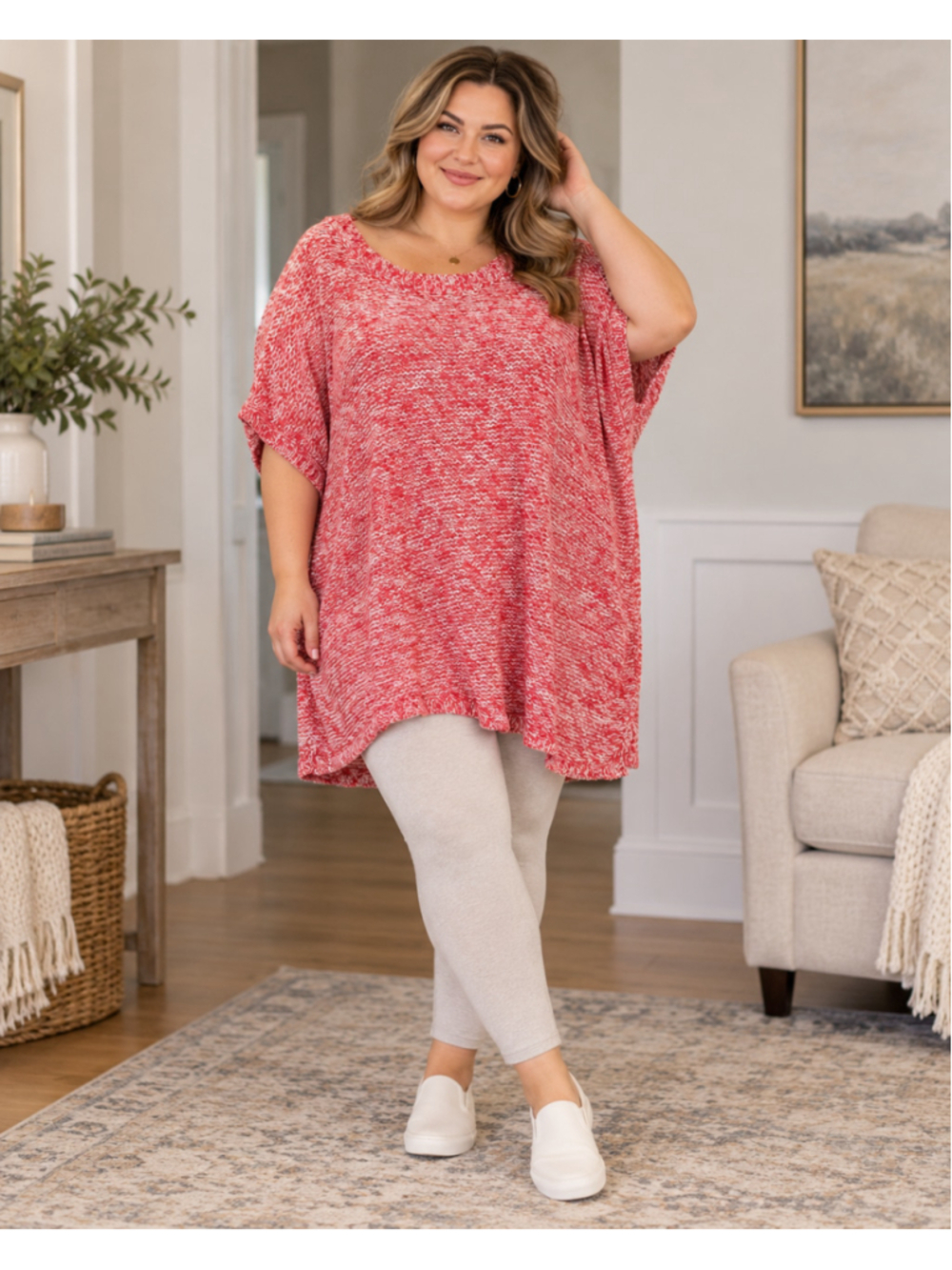 J.Jill Wearever Sweater Tunic Red White Marled Oversized Poncho Cotton 2X